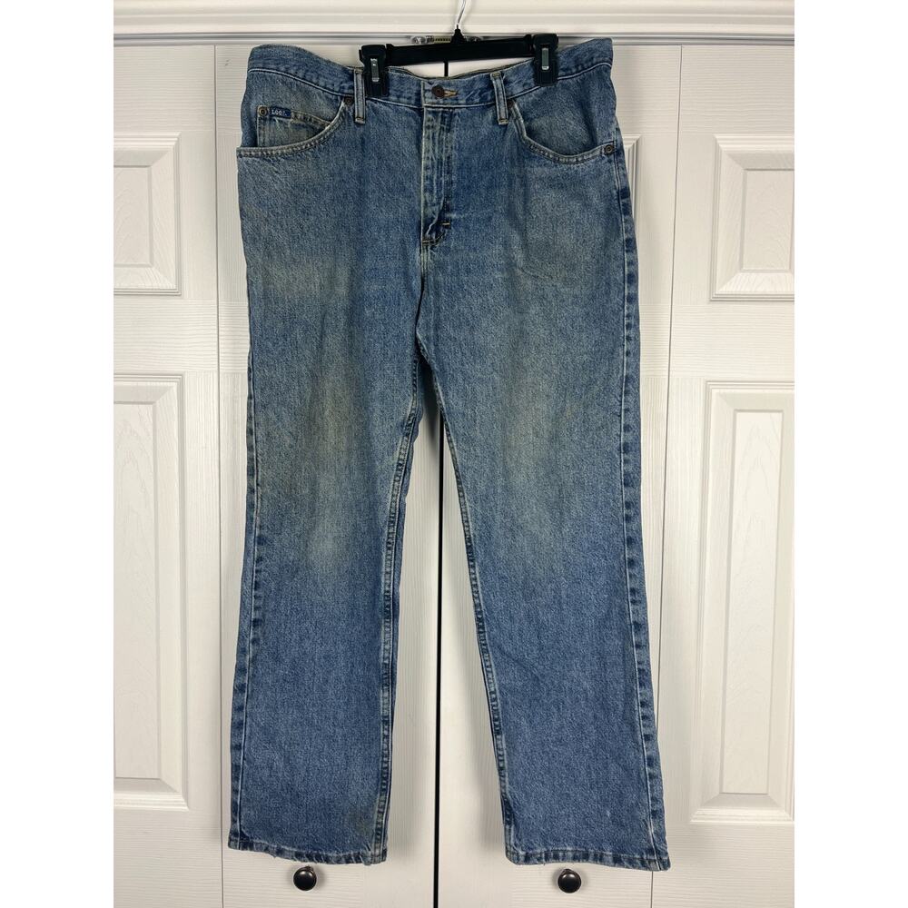 Vtg Lee Straight‎ Leg Jeans Mens 38 x 30 Blue Denim Medium Wash Fading Staining